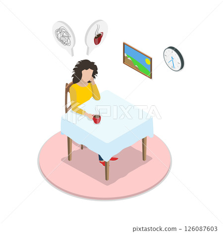 3D Isometric Flat  Illustration of Monday Morning, Tired and Red Eyed Problem of Insomnia 126087603