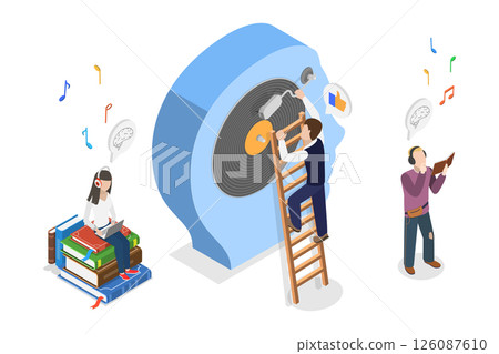 3D Isometric Flat  Illustration of Melody To Relax, Enhancing Focus With Calming Melodies And Chill Music To Boost Mood 126087610