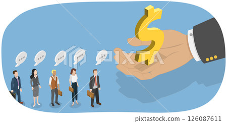3D Isometric Flat Illustration of Employment and Compensation, Big Businessman Hand Giving Money to People in Line 3D Isometric Flat Illustration of Employment and Compensation, Big Businessman Hand Giving Money to People in Line 126087611