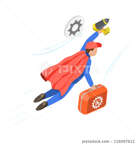 3D Isometric Flat Illustration of Excellent Quality Service, Motivated Mechanic Soars as Superhero 3D Isometric Flat Illustration of Excellent Quality Service, Motivated Mechanic Soars as Superhero 126087622