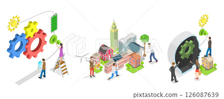 3D Isometric Flat  Illustration of Green Energy, Renewable Power Sources 126087639