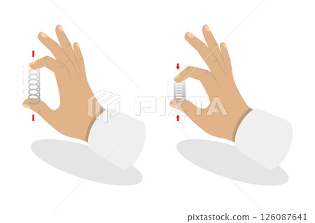 3D Isometric Flat  Illustration of Elasticity Mechanics, Metal Spring Stretched And Clamped By Fingers 126087641