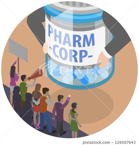 3D Isometric Flat  Illustration of Big Pharmacy Corporation, Protesters Against Large Pharmaceutical Company 126087643