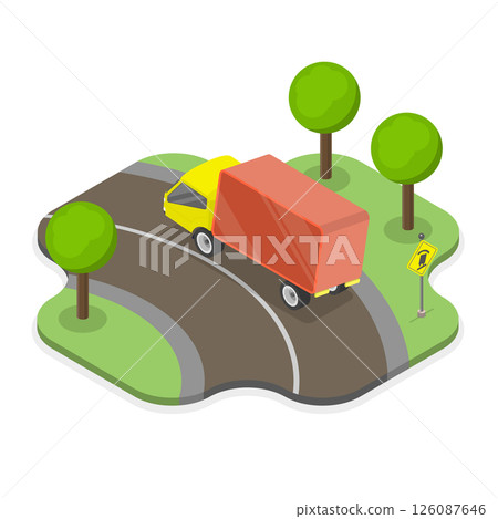 3D Isometric Flat Illustration of Truck Rollover Traffic Sign, Semi-Trailer In Danger Of Rollover On Curving Roadway 3D Isometric Flat Illustration of Truck Rollover Traffic Sign, Semi-Trailer In Danger Of Rollover On Curving Roadway 126087646
