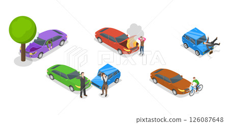 3D Isometric Flat  Illustration of Accidents On Road, Transport Vehicles Emergency 126087648