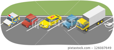 3D Isometric Flat Illustration of Parking Lot, Angel Parked Vehicles 3D Isometric Flat Illustration of Parking Lot, Angel Parked Vehicles 126087649