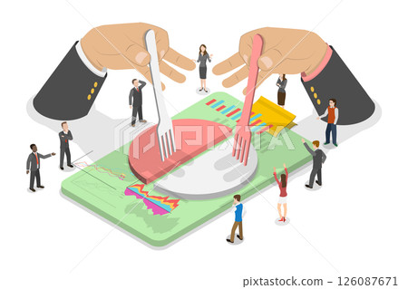 3D Isometric Flat  Illustration of Capitalism, Sharing Pie Chart Profits With A Crowd Of People Around 126087671