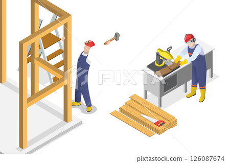 3D Isometric Flat  Illustration of Professional Carpenters , Crafting Wood Frame Structure 126087674