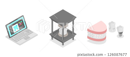 3D Isometric Flat Illustration of Modern Dentistry, Advances In Medical 3D Printing For Dental Prosthetics And Implants 3D Isometric Flat Illustration of Modern Dentistry, Advances In Medical 3D Printing For Dental Prosthetics And Implants 126087677