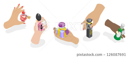 3D Isometric Flat Illustration of Perfume Bottles, Perfumes Held By Female Hands 3D Isometric Flat Illustration of Perfume Bottles, Perfumes Held By Female Hands 126087691