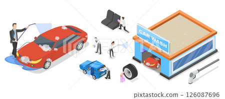 3D Isometric Flat  Illustration of Self Car Wash, Vehicle Cleaning Service 126087696