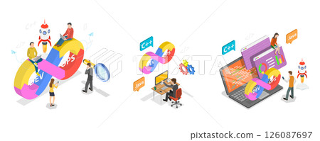 3D Isometric Flat  Illustration of DevOps, Streamlineing Development And Operations Processes 126087697