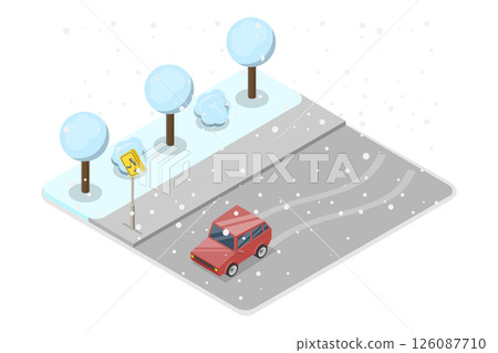 3D Isometric Flat  Illustration of Driving At Winter Season, Ensuring Safety On Icy Roads 126087710