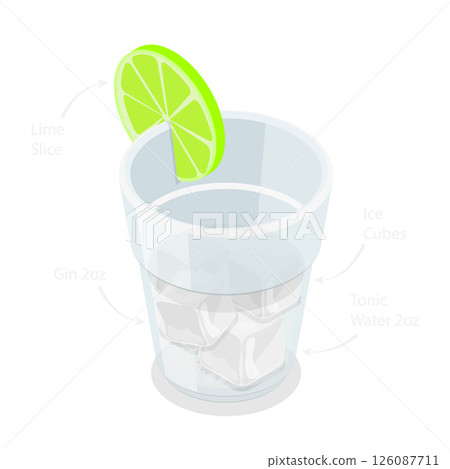 3D Isometric Flat  Illustration of Tonic Cocktail Recipe, Ingredient Proportions 126087711