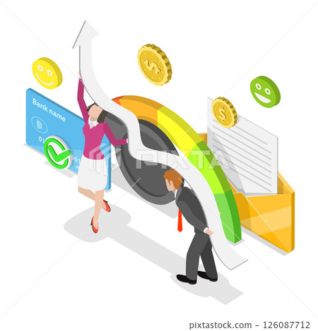 3D Isometric Flat  Illustration of Credit Score, Gauge Indicator With Color Levels 126087712