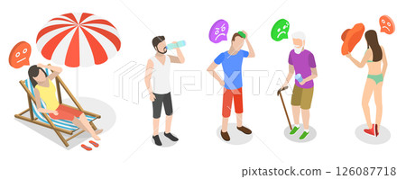 3D Isometric Flat  Illustration of Extreme Hot Weather, Individuals Experiencing Excessive Heat Conditions 126087718