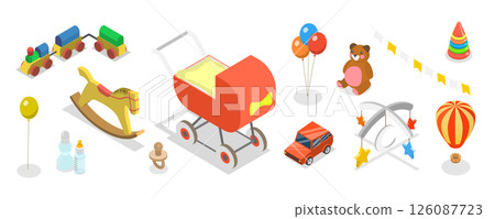 3D Isometric Flat Set of Childhood Items, Toys and Baby Care Supplies 3D Isometric Flat Set of Childhood Items, Toys and Baby Care Supplies 126087723