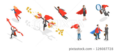 3D Isometric Flat  Set of Hero Persons, Superhero Business Persons Various Poses 126087728