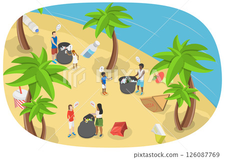 3D Isometric Flat  Illustration of Environmental Water Pollution, Volunteers Cleaning Sea Shore from Plastic and Other Trash 126087769