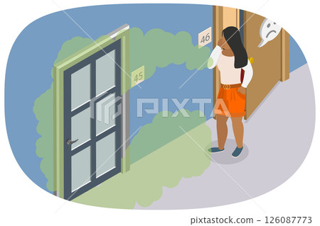 3D Isometric Flat  Illustration of Stinking Smell , Man Shields Nose From Neighbor Pungent Odor 126087773