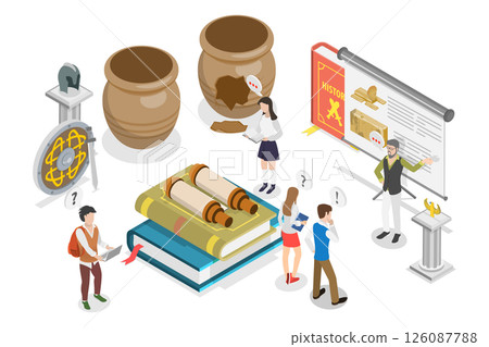 3D Isometric Flat Illustration of History School Subject, Study Of Past Events 3D Isometric Flat Illustration of History School Subject, Study Of Past Events 126087788