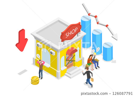 3D Isometric Flat  Illustration of Global Economic Crash, Entrepreneur Declares Bankruptcy And Shuts Down Company 126087791