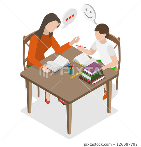 3D Isometric Flat  Illustration of Education And Learning, Mother And Child Happily Doing Homework Together At Home. 126087792