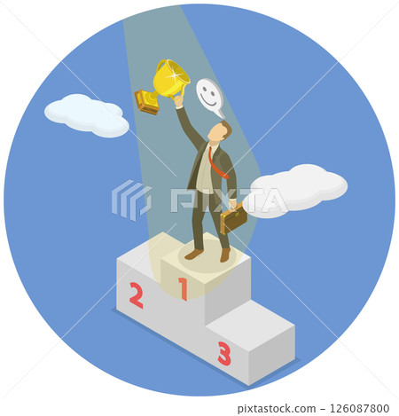 3D Isometric Flat  Illustration of Career Success , Successful Businessman Holding Champion Trophy On First Place Podium With Spotlight 126087800