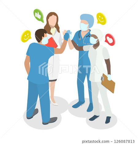 3D Isometric Flat  Illustration of Hospital Team, Delighted Doctors Exchange Congratulations 126087813