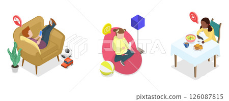 3D Isometric Flat  Illustration of Children Gadget Addiction, Kids Online Entertainment 126087815