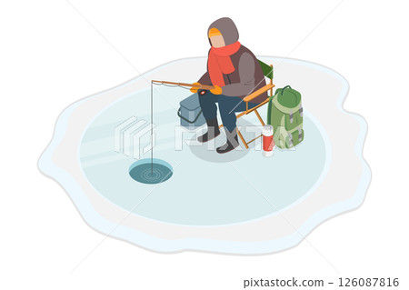 3D Isometric Flat Illustration of Winter Fishing, Fishermen on a Frozen Pond 3D Isometric Flat Illustration of Winter Fishing, Fishermen on a Frozen Pond 126087816