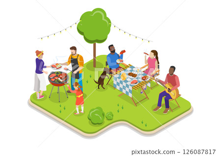 3D Isometric Flat  Illustration of Barbecue Party, Summer Day Backyard BBQ With Neighbors And Friends 126087817