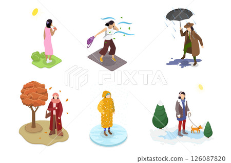 3D Isometric Flat  Illustration of Various Weather Conditions, People and Different Seasons 126087820