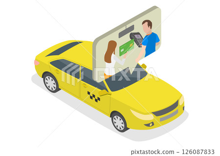 3D Isometric Flat  Illustration of Cab Driver With Terminal, Paying For A Taxi Ride 126087833