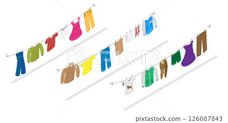 3D Isometric Flat Illustration of Clothes Ropes, Drying Accessories after Washing 3D Isometric Flat Illustration of Clothes Ropes, Drying Accessories after Washing 126087843