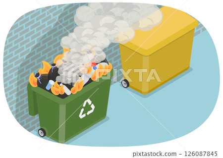 3D Isometric Flat Illustration of Burning Garbage, Fire in a Trash Can 3D Isometric Flat Illustration of Burning Garbage, Fire in a Trash Can 126087845