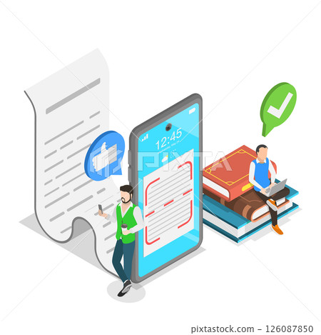 3D Isometric Flat  Illustration of Text Scanning Recognition, OCR Technology 126087850