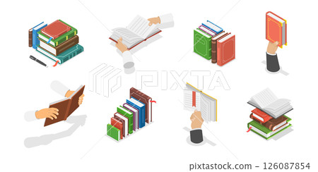 3D Isometric Flat  Illustration of Hands with Books, Studing and Education, Literature and Reading 126087854