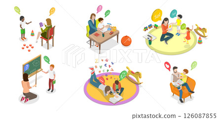 3D Isometric Flat  Set of Parents Learning with their Kids, Engaging In Educational Activities Together 126087855