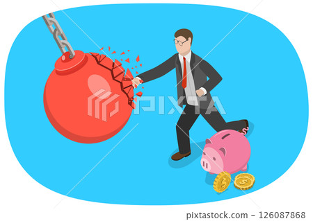 3D Isometric Flat  Illustration of Crisis Management, Business Executive Smashing Massive Wrecking Ball 126087868