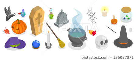 3D Isometric Flat Set of Halloween Items, Collection of Spooky Objects 3D Isometric Flat Set of Halloween Items, Collection of Spooky Objects 126087871