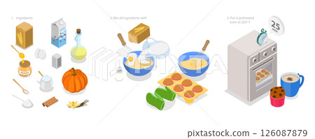3D Isometric Flat Illustration of Pumpkin Muffins Recipe, Delicious Baked Treat 3D Isometric Flat Illustration of Pumpkin Muffins Recipe, Delicious Baked Treat 126087879