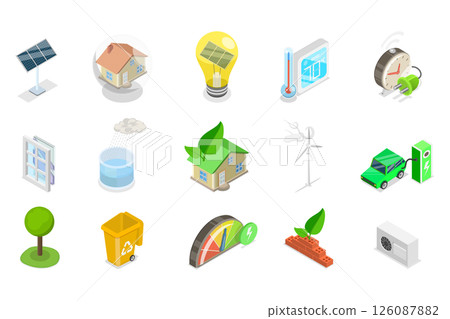 3D Isometric Flat Illustration of House Energy Efficiency, Sustainable Home Improvements 3D Isometric Flat Illustration of House Energy Efficiency, Sustainable Home Improvements 126087882