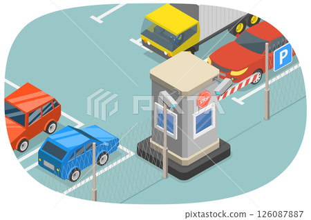 3D Isometric Flat  Illustration of Paid Guarded Parking, Parking Zone with Payment System 126087887