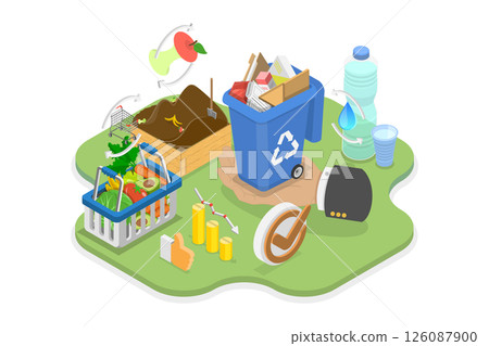 3D Isometric Flat Illustration of Waste Minimization, Managing Organic Garbage And Reducing Waste Through Hands-On Approach 3D Isometric Flat Illustration of Waste Minimization, Managing Organic Garbage And Reducing Waste Through Hands-On Approach 126087900