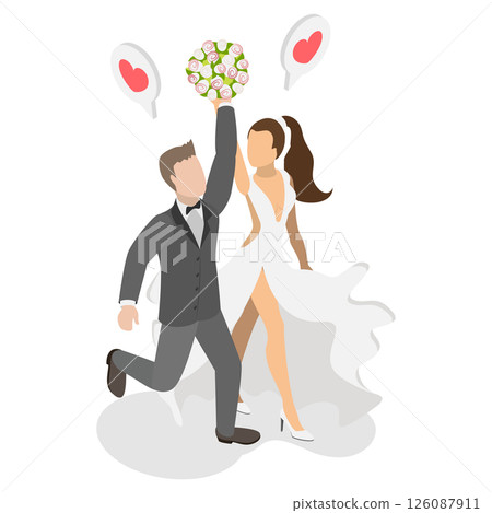 3D Isometric Flat  Illustration of Happy Newlywed Couple, Family Celebrates Their Marriage With Joy And Happiness 126087911