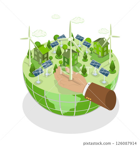 3D Isometric Flat  Illustration of Renewable Energy, Innovative Power Generation With Solar Panels And Wind Turbines 126087914