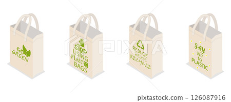 3D Isometric Flat  Illustration of Eco-friendly Bags, Sustainable Shopping And Reusable Packaging 126087916