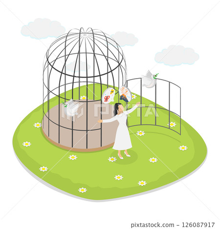 3D Isometric Flat  Illustration of Breaking Free, Achieving Independence And Liberty Through Hard Work And Perseverance 126087917