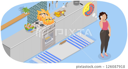 3D Isometric Flat Illustration of Household Trouble, Woman In Kitchen On Phone Unaware Of Fire Starting 3D Isometric Flat Illustration of Household Trouble, Woman In Kitchen On Phone Unaware Of Fire Starting 126087918